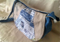 shoulder bag blue floral linen and script