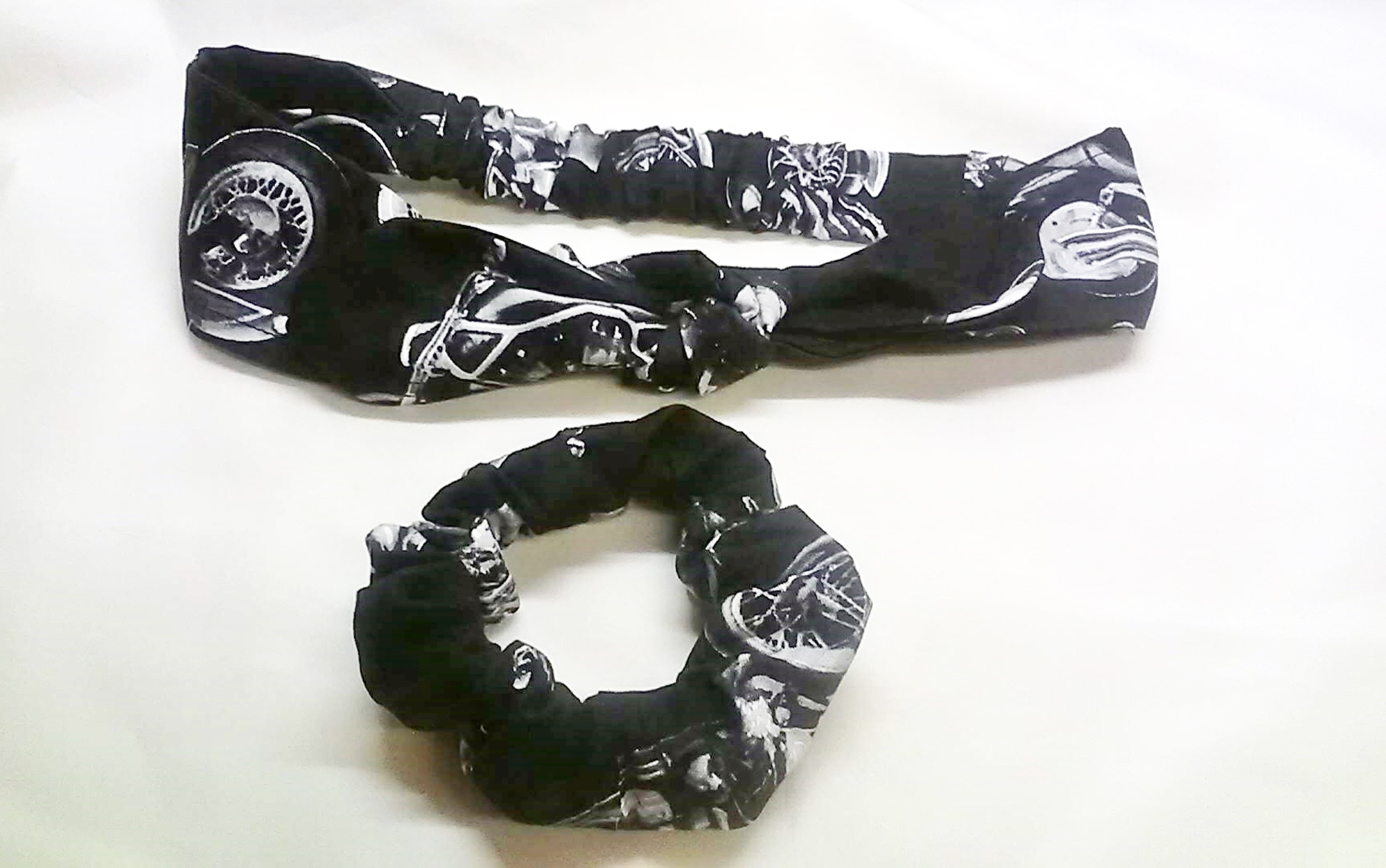 motorcycle headband and scrunchie in black cotton fabric